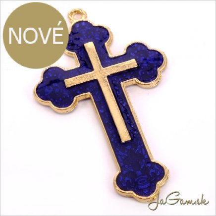 Kovový prívesok Krížik 55x33mm ZLATÁ/ MODRÁ, 1KS (B108)