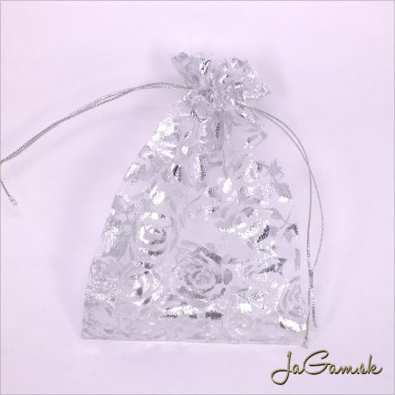 Vrecúško z organzy 10x12cm priehľadná so striebornými srdciami 5ks (ORV_006)